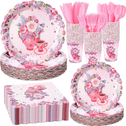 400 Pcs/50 Sets Tea Party Supplies Disposable Tableware Pink Floral Dinnerware Set with Paper Plates Napkins Flower Cups Plastic Spoons Forks Knives for Birthday Wedding Baby Shower Tea Party