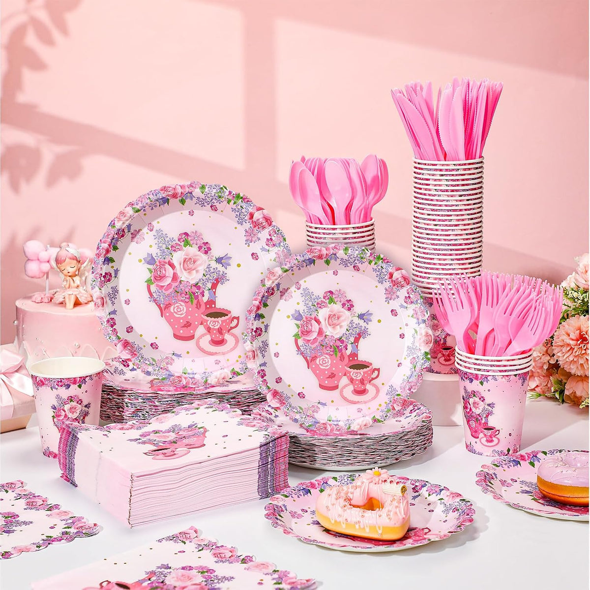 400 Pcs/50 Sets Tea Party Supplies Disposable Tableware Pink Floral Dinnerware Set with Paper Plates Napkins Flower Cups Plastic Spoons Forks Knives for Birthday Wedding Baby Shower Tea Party