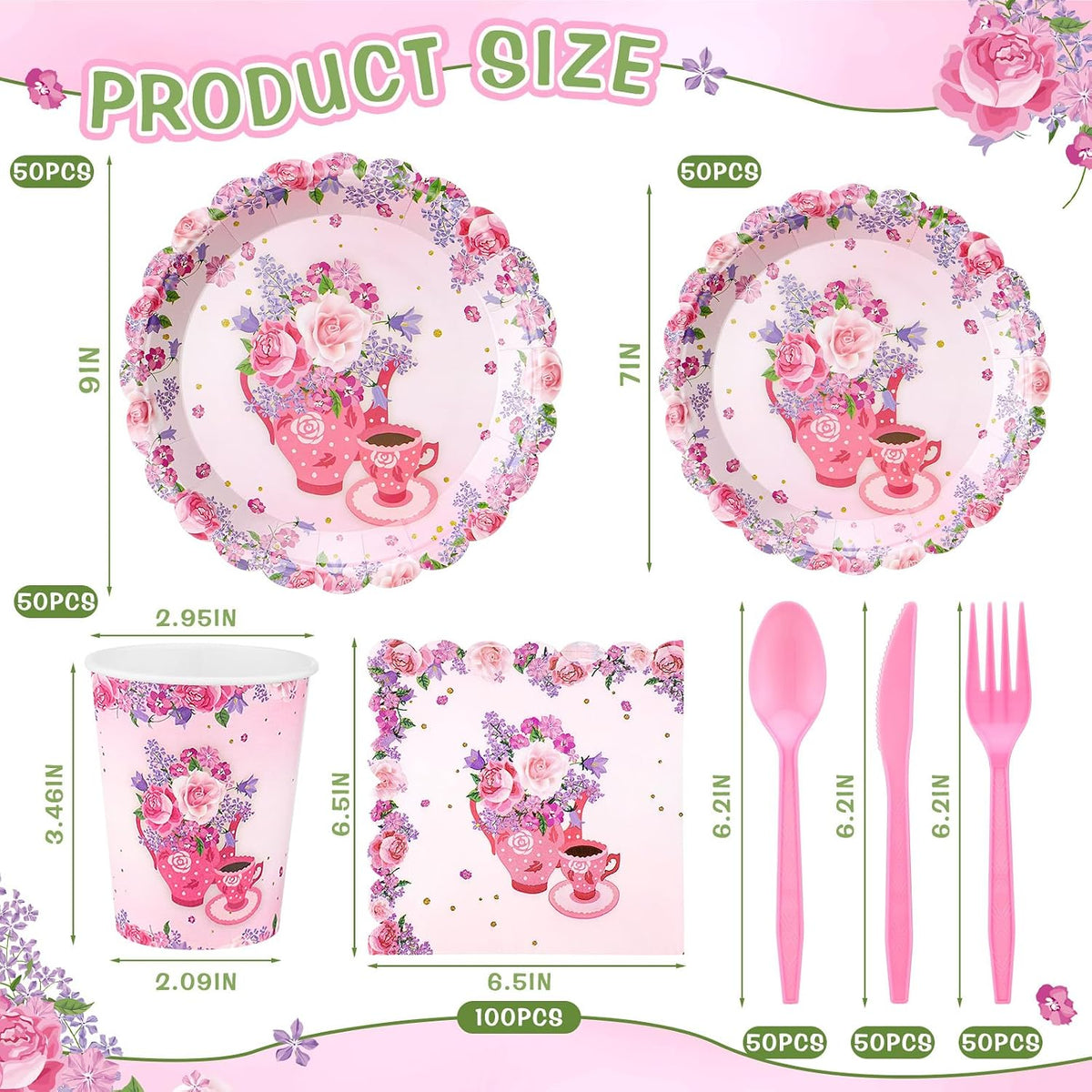 400 Pcs/50 Sets Tea Party Supplies Disposable Tableware Pink Floral Dinnerware Set with Paper Plates Napkins Flower Cups Plastic Spoons Forks Knives for Birthday Wedding Baby Shower Tea Party