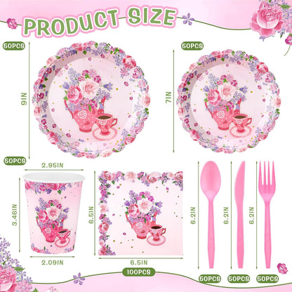 400 Pcs/50 Sets Tea Party Supplies Disposable Tableware Pink Floral Dinnerware Set with Paper Plates Napkins Flower Cups Plastic Spoons Forks Knives for Birthday Wedding Baby Shower Tea Party