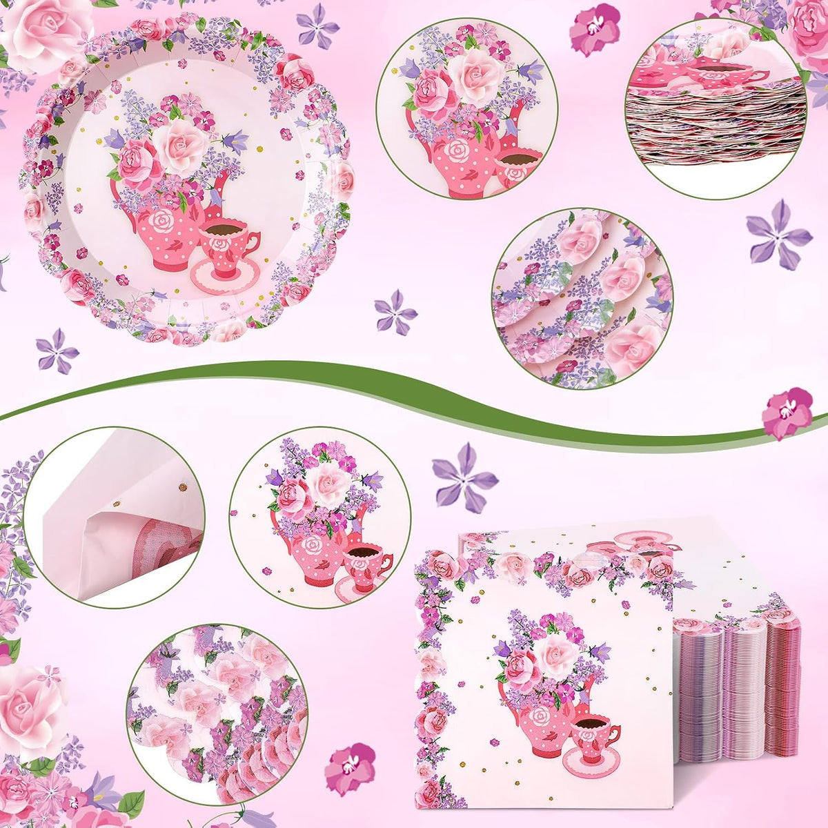 400 Pcs/50 Sets Tea Party Supplies Disposable Tableware Pink Floral Dinnerware Set with Paper Plates Napkins Flower Cups Plastic Spoons Forks Knives for Birthday Wedding Baby Shower Tea Party