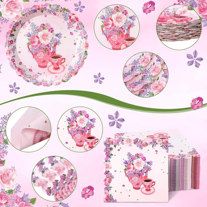 400 Pcs/50 Sets Tea Party Supplies Disposable Tableware Pink Floral Dinnerware Set with Paper Plates Napkins Flower Cups Plastic Spoons Forks Knives for Birthday Wedding Baby Shower Tea Party