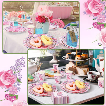 400 Pcs/50 Sets Tea Party Supplies Disposable Tableware Pink Floral Dinnerware Set with Paper Plates Napkins Flower Cups Plastic Spoons Forks Knives for Birthday Wedding Baby Shower Tea Party