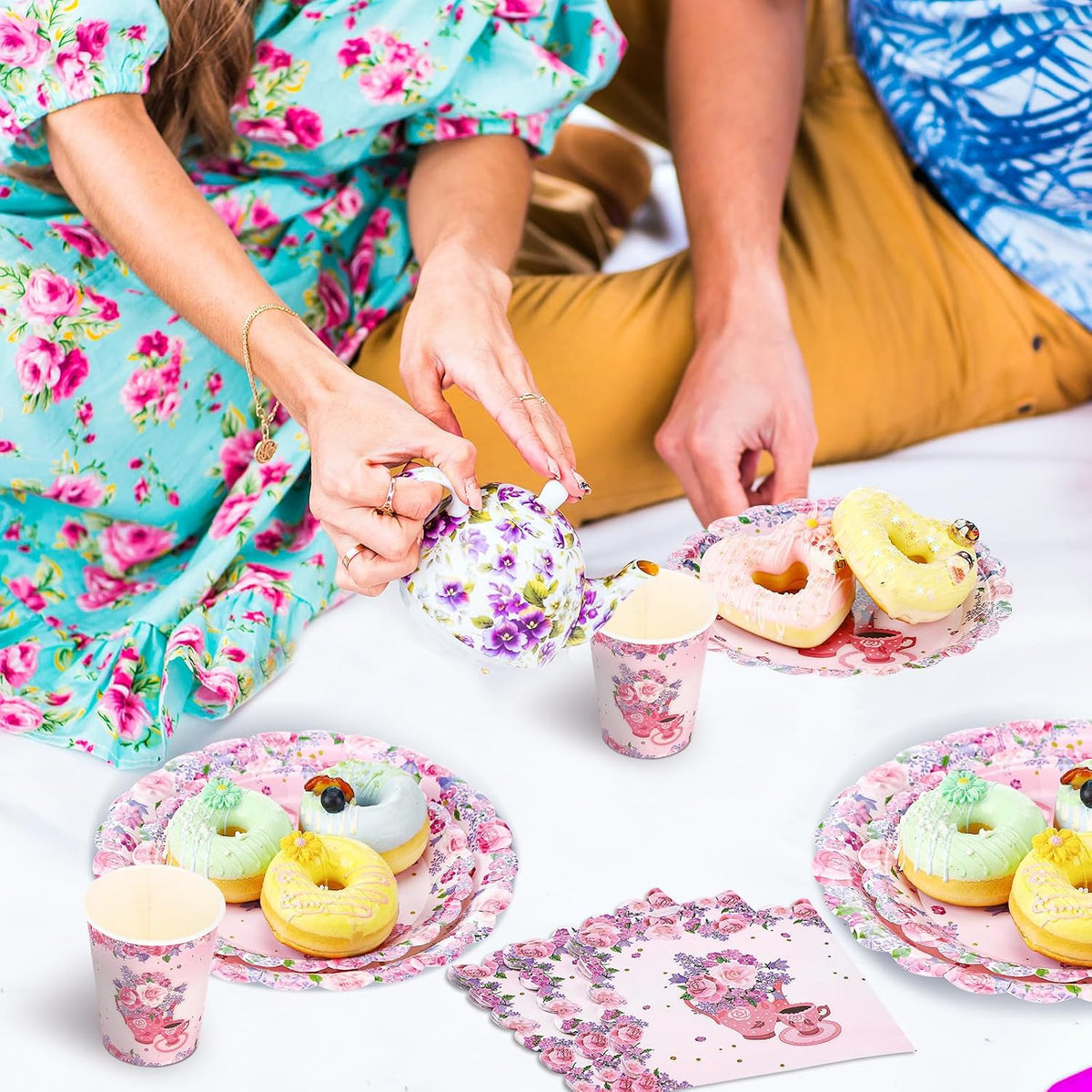 400 Pcs/50 Sets Tea Party Supplies Disposable Tableware Pink Floral Dinnerware Set with Paper Plates Napkins Flower Cups Plastic Spoons Forks Knives for Birthday Wedding Baby Shower Tea Party