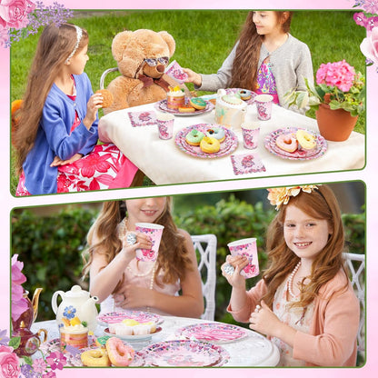 400 Pcs/50 Sets Tea Party Supplies Disposable Tableware Pink Floral Dinnerware Set with Paper Plates Napkins Flower Cups Plastic Spoons Forks Knives for Birthday Wedding Baby Shower Tea Party