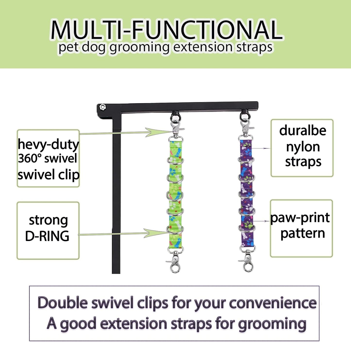 Dog Grooming Loops Table Supplies 2 Pack Cute Colorful Paw Pattern Restraint Loop Dogs Grooming Arm Extension Double Snap Hooks Extender with 5 D-Rings for Pet Salon & Daily Conveience