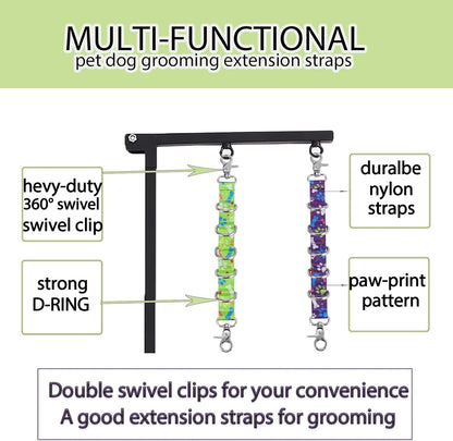 Dog Grooming Loops Table Supplies 2 Pack Cute Colorful Paw Pattern Restraint Loop Dogs Grooming Arm Extension Double Snap Hooks Extender with 5 D-Rings for Pet Salon & Daily Conveience