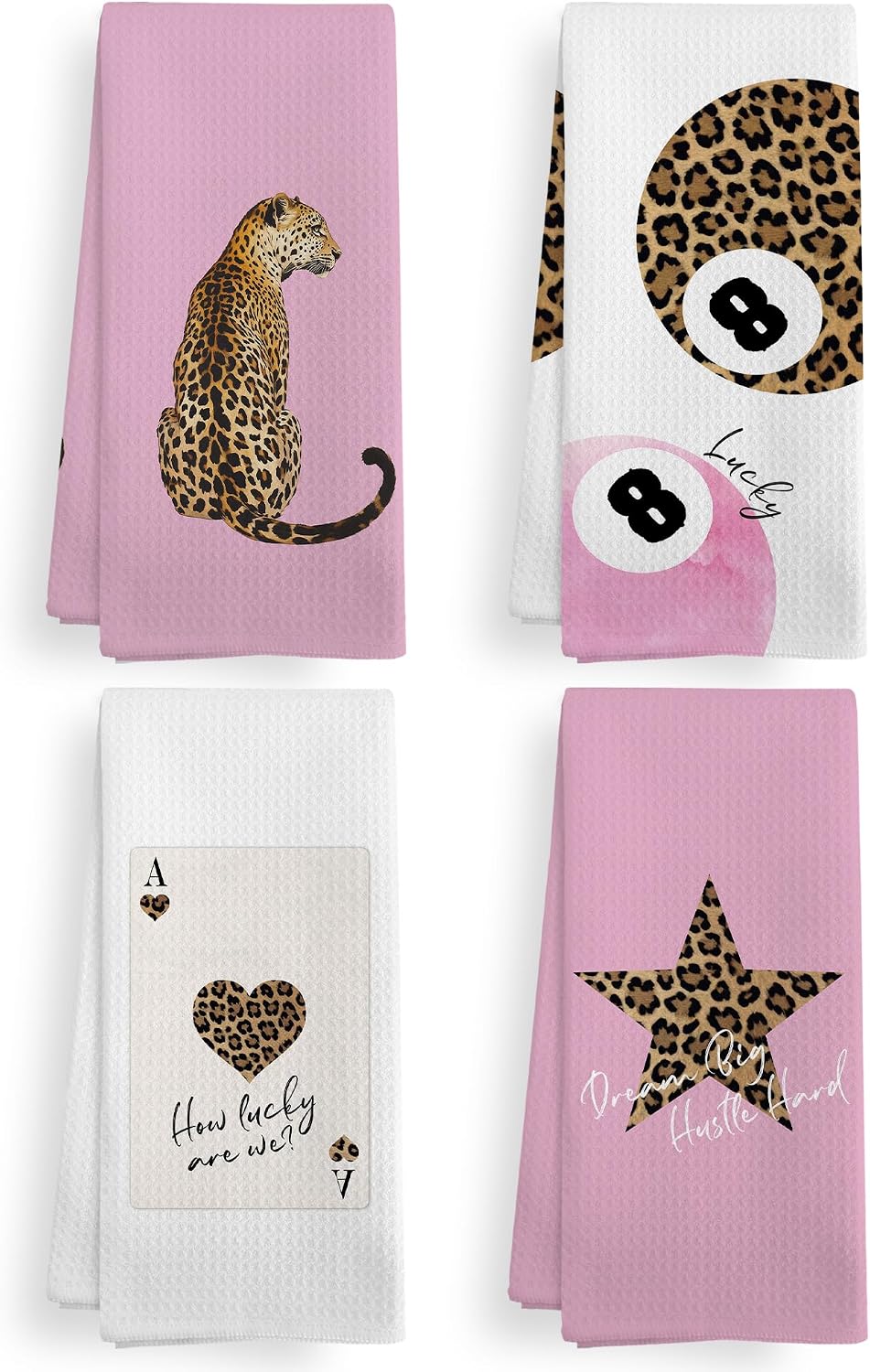 Trendy Leopard Cheetah Print Poker Lucky 8 Ball Bathroom Home Decor, Preppy Pink Leopard Decor Dish Hand Tea Towels for Bathroom Sets of 4, Cheetah Kitchen Towels and Dishcloths, 16x24 Inch
