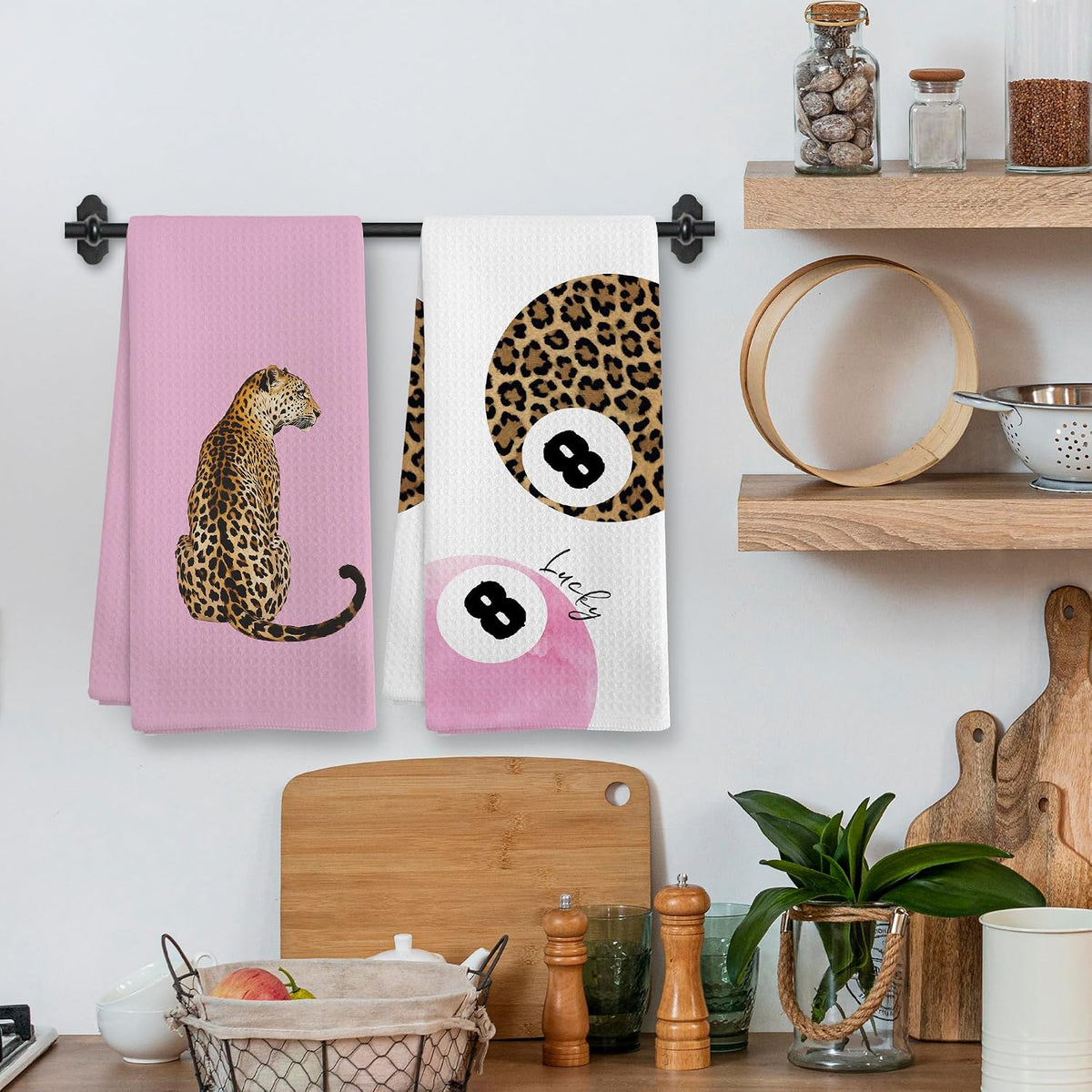 Trendy Leopard Cheetah Print Poker Lucky 8 Ball Bathroom Home Decor, Preppy Pink Leopard Decor Dish Hand Tea Towels for Bathroom Sets of 4, Cheetah Kitchen Towels and Dishcloths, 16x24 Inch