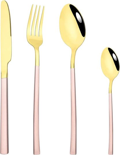 24 Piece Mirror Golden Plated 18/0 Stainless Steel Flatware Set, Pink Handle With Golden Mouth Silverware Set With Teaspoon Cutlery Set Service for 6