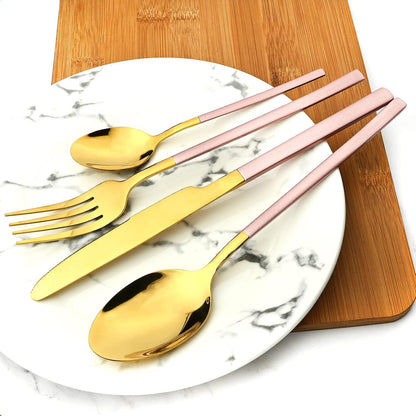 24 Piece Mirror Golden Plated 18/0 Stainless Steel Flatware Set, Pink Handle With Golden Mouth Silverware Set With Teaspoon Cutlery Set Service for 6