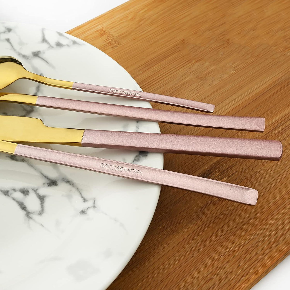 24 Piece Mirror Golden Plated 18/0 Stainless Steel Flatware Set, Pink Handle With Golden Mouth Silverware Set With Teaspoon Cutlery Set Service for 6