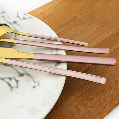 24 Piece Mirror Golden Plated 18/0 Stainless Steel Flatware Set, Pink Handle With Golden Mouth Silverware Set With Teaspoon Cutlery Set Service for 6