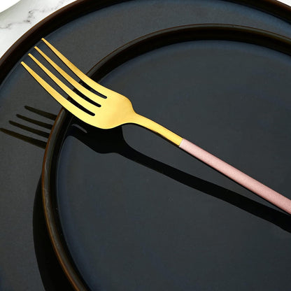 24 Piece Mirror Golden Plated 18/0 Stainless Steel Flatware Set, Pink Handle With Golden Mouth Silverware Set With Teaspoon Cutlery Set Service for 6