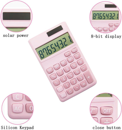 Basic Standard Calculators Small Digital Desktop Calculator with 8-Digit LCD Display, Battery Solar Power Smart Calculator Pocket Size for Kids for Home School (Pink 2pcs)