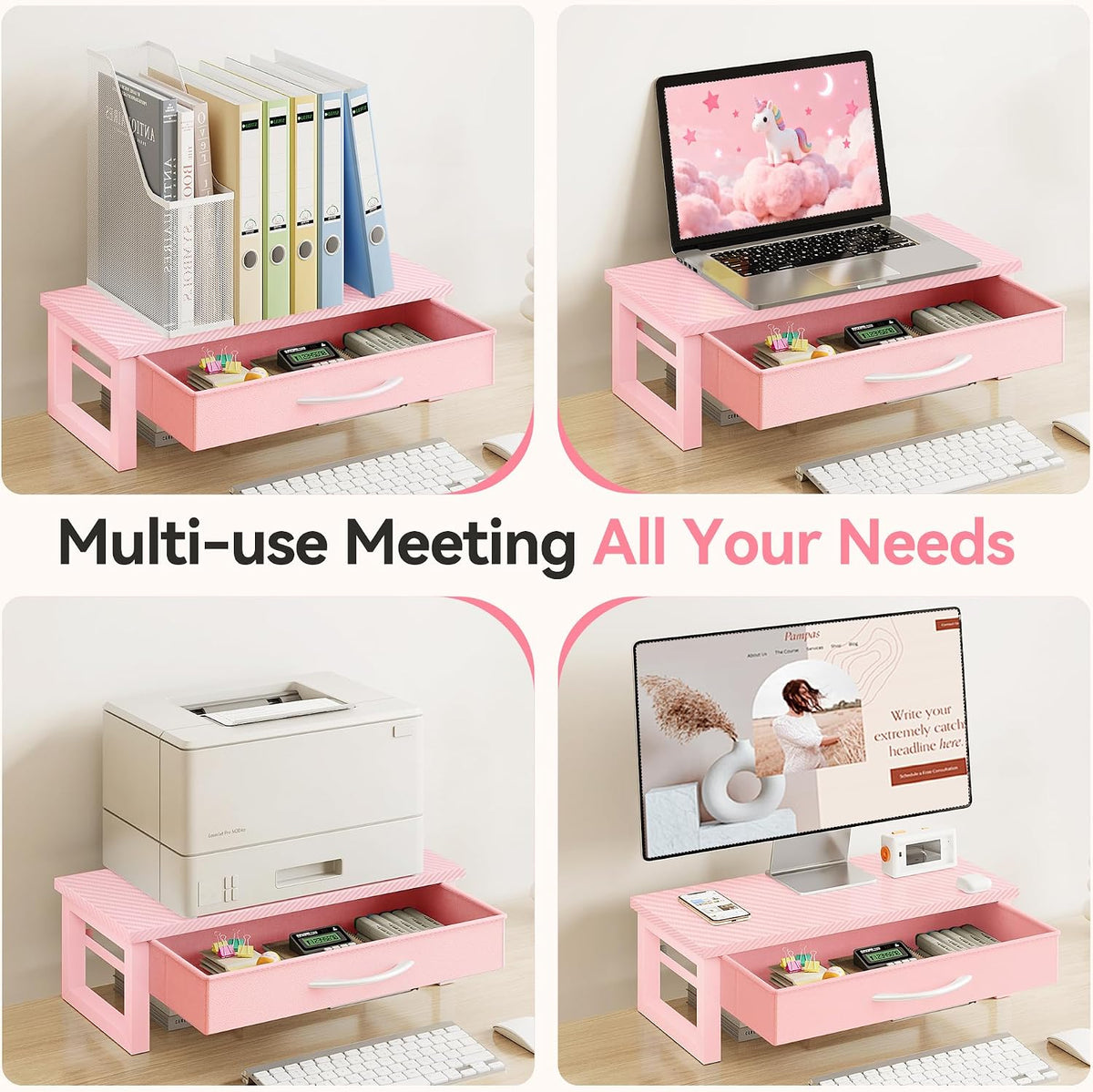 Desk Organizers and Accessories, Computer Monitor Stand Riser with Fabric Drawer, 2-Tier Laptop Stand for Desk, Office Organization Accessories, Pink