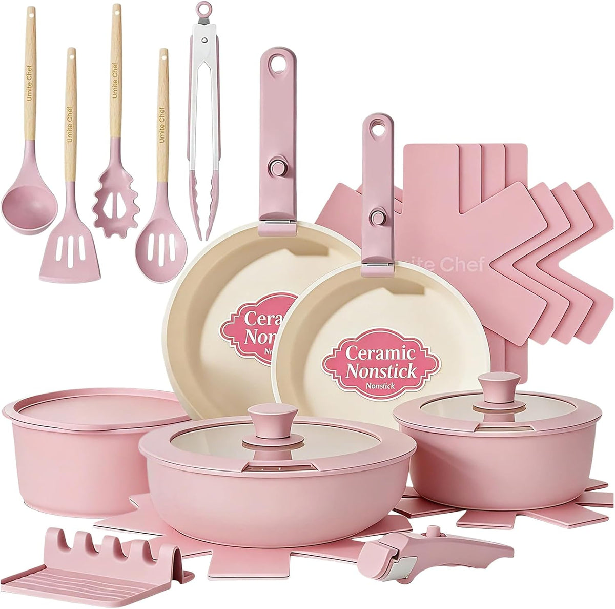 Pots and Pans Set Non Stick, 21 pcs Nonstick Ceramic Cookware Set, RV Kitchen Cooking Set with Detachable Handles, Oven Safe, Induction Cookware, Stackable, Pink, PFAS PFOA & PTFE Free