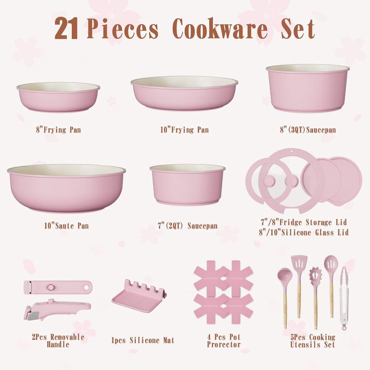 Pots and Pans Set Non Stick, 21 pcs Nonstick Ceramic Cookware Set, RV Kitchen Cooking Set with Detachable Handles, Oven Safe, Induction Cookware, Stackable, Pink, PFAS PFOA & PTFE Free