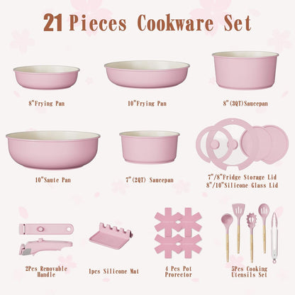 Pots and Pans Set Non Stick, 21 pcs Nonstick Ceramic Cookware Set, RV Kitchen Cooking Set with Detachable Handles, Oven Safe, Induction Cookware, Stackable, Pink, PFAS PFOA & PTFE Free