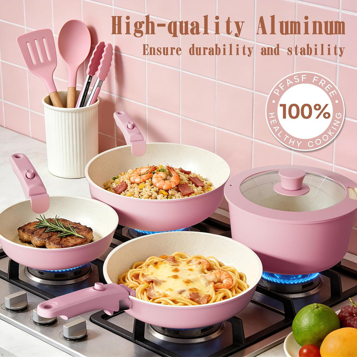 Pots and Pans Set Non Stick, 21 pcs Nonstick Ceramic Cookware Set, RV Kitchen Cooking Set with Detachable Handles, Oven Safe, Induction Cookware, Stackable, Pink, PFAS PFOA & PTFE Free