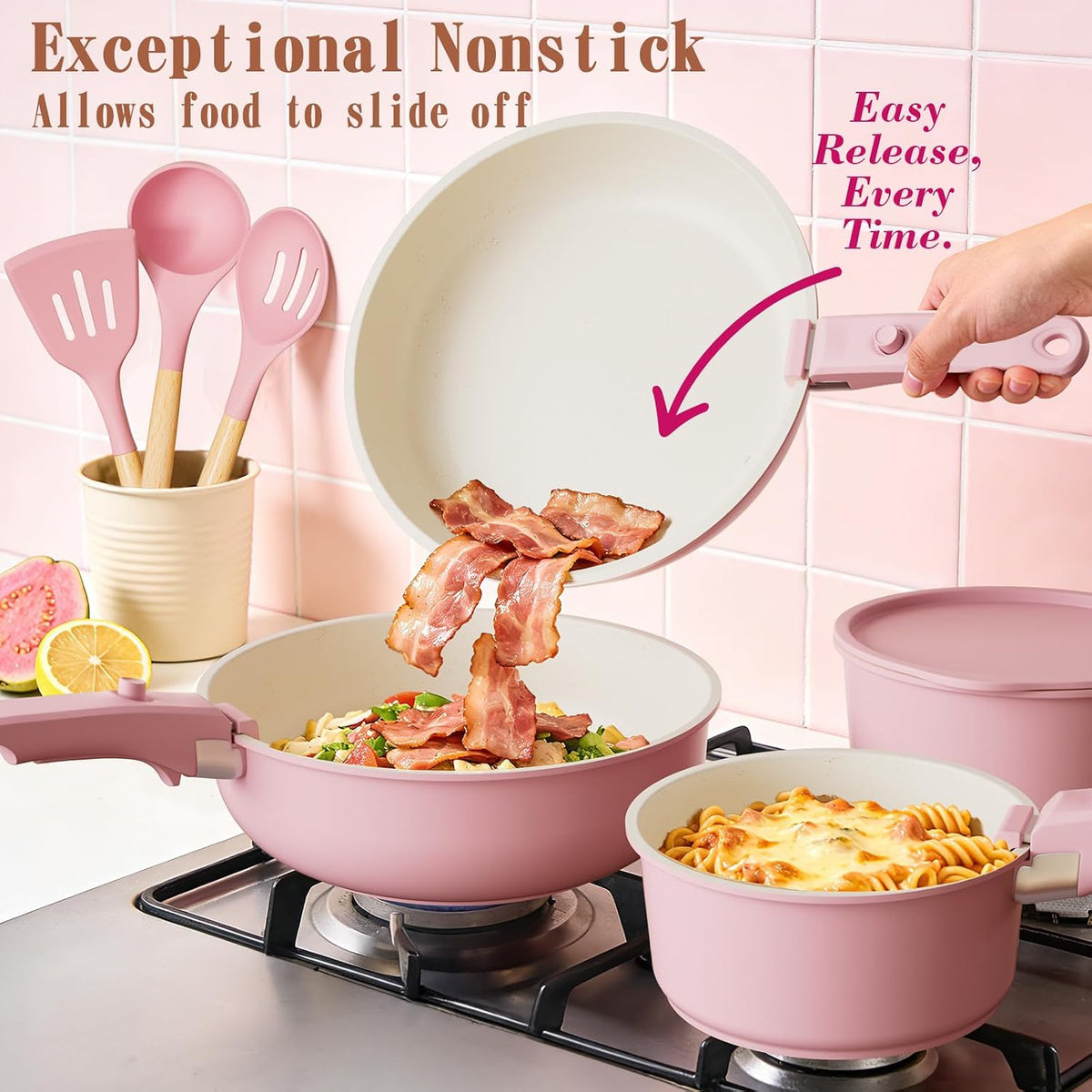 Pots and Pans Set Non Stick, 21 pcs Nonstick Ceramic Cookware Set, RV Kitchen Cooking Set with Detachable Handles, Oven Safe, Induction Cookware, Stackable, Pink, PFAS PFOA & PTFE Free