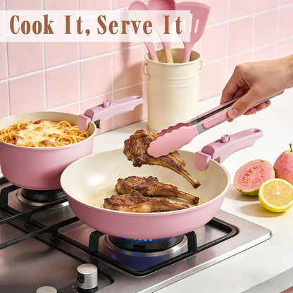 Pots and Pans Set Non Stick, 21 pcs Nonstick Ceramic Cookware Set, RV Kitchen Cooking Set with Detachable Handles, Oven Safe, Induction Cookware, Stackable, Pink, PFAS PFOA & PTFE Free