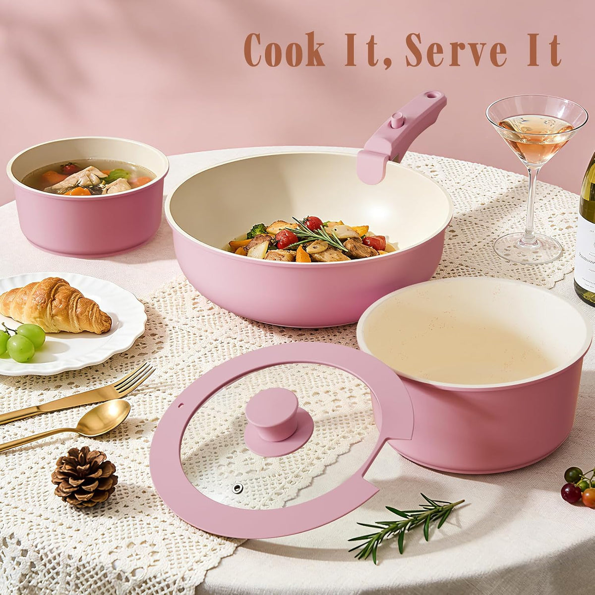 Pots and Pans Set Non Stick, 21 pcs Nonstick Ceramic Cookware Set, RV Kitchen Cooking Set with Detachable Handles, Oven Safe, Induction Cookware, Stackable, Pink, PFAS PFOA & PTFE Free