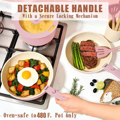 Pots and Pans Set Non Stick, 21 pcs Nonstick Ceramic Cookware Set, RV Kitchen Cooking Set with Detachable Handles, Oven Safe, Induction Cookware, Stackable, Pink, PFAS PFOA & PTFE Free