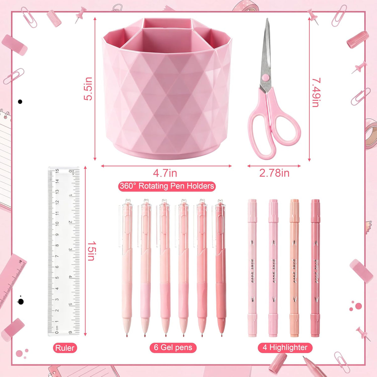 20 Pcs Pink Office Supplies, Desk Accessories and Organizer Set