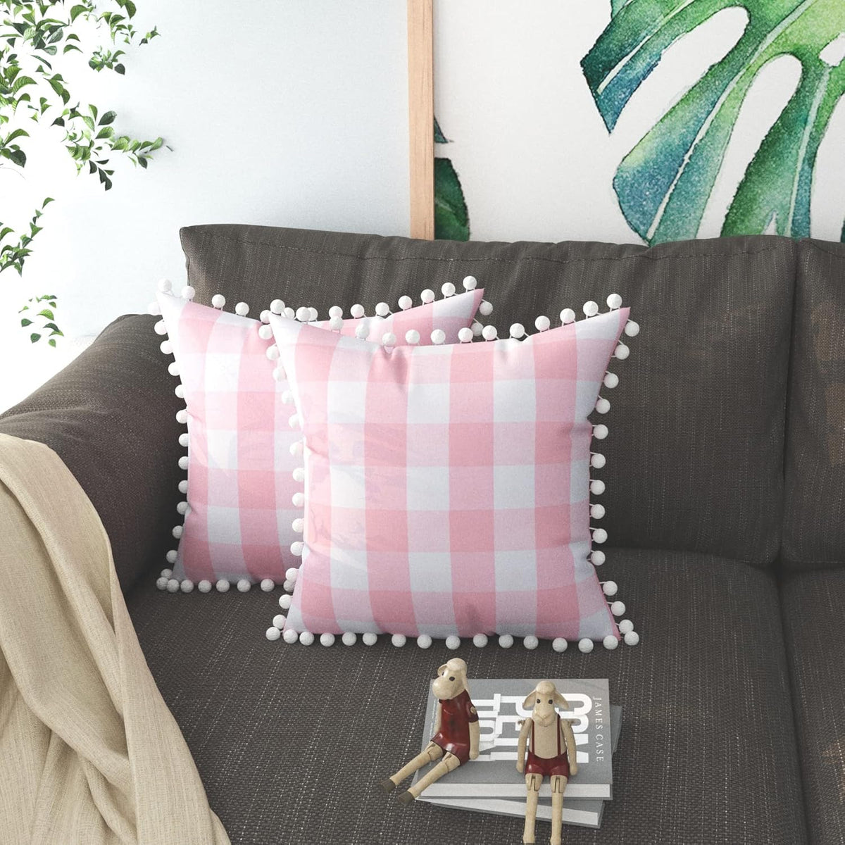 Buffalo Check Throw Pillow Covers with Pom Poms Cotton Retro Farmhouse Gingham Cushion Case for Sofa Couch Car Plaid Decorative Set of 2 Square Pillowcase 16" x 16" Pink White