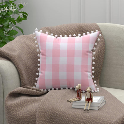 Buffalo Check Throw Pillow Covers with Pom Poms Cotton Retro Farmhouse Gingham Cushion Case for Sofa Couch Car Plaid Decorative Set of 2 Square Pillowcase 16" x 16" Pink White