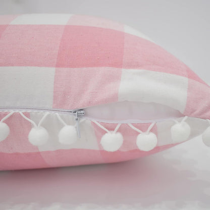 Buffalo Check Throw Pillow Covers with Pom Poms Cotton Retro Farmhouse Gingham Cushion Case for Sofa Couch Car Plaid Decorative Set of 2 Square Pillowcase 16" x 16" Pink White