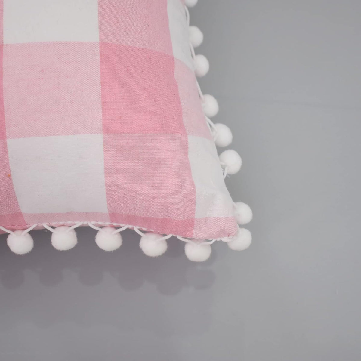 Buffalo Check Throw Pillow Covers with Pom Poms Cotton Retro Farmhouse Gingham Cushion Case for Sofa Couch Car Plaid Decorative Set of 2 Square Pillowcase 16" x 16" Pink White