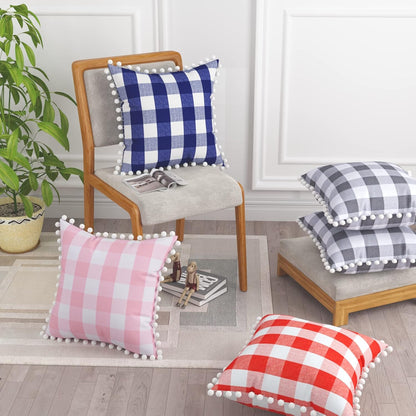 Buffalo Check Throw Pillow Covers with Pom Poms Cotton Retro Farmhouse Gingham Cushion Case for Sofa Couch Car Plaid Decorative Set of 2 Square Pillowcase 16" x 16" Pink White
