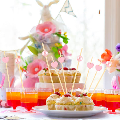Wedding Pink Cocktail Picks Assorted Red Pink Hearts Red Truck with Heart Bamboo Toothpicks for Valentine's Day Drink Fruit Dessert Food Appetizers Decoration