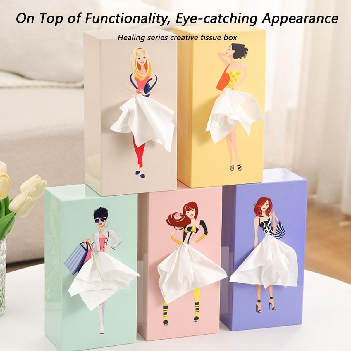Cartoon Girl Tissue Box, Cute Lady Skirt Tissue Box Cover, Creative Tissue Holder Facial Tissues Dispenser for House Bathroom Living Room Bedroom Office (Pink)