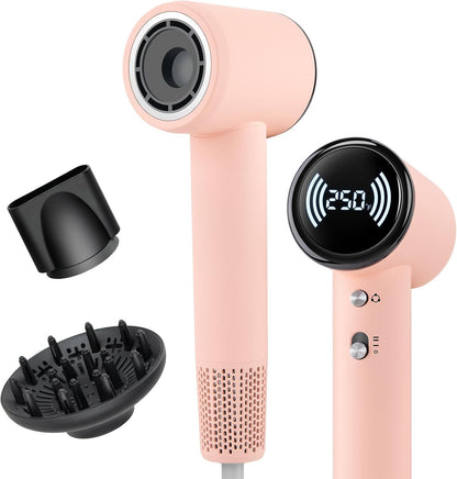 High Speed Ionic Hair Dryer with Diffuser – 160,000 RPM Brushless Motor for Fast Drying, Lightweight Travel Blow Dryer with Concentrator Nozzle for Women Men, Pink