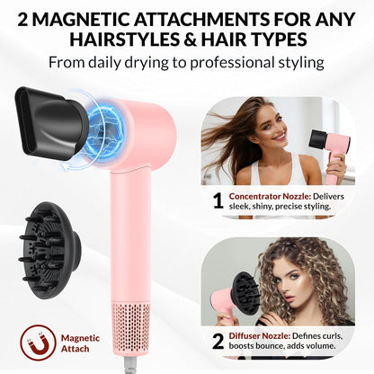 High Speed Ionic Hair Dryer with Diffuser – 160,000 RPM Brushless Motor for Fast Drying, Lightweight Travel Blow Dryer with Concentrator Nozzle for Women Men, Pink