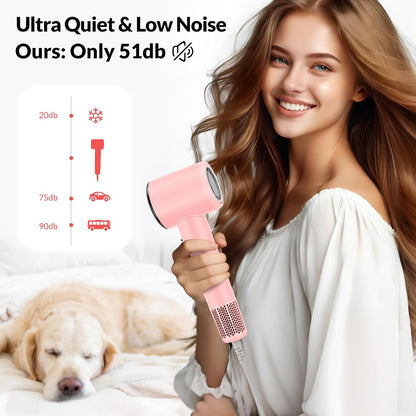 High Speed Ionic Hair Dryer with Diffuser – 160,000 RPM Brushless Motor for Fast Drying, Lightweight Travel Blow Dryer with Concentrator Nozzle for Women Men, Pink