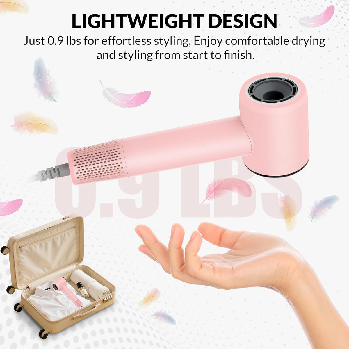 High Speed Ionic Hair Dryer with Diffuser – 160,000 RPM Brushless Motor for Fast Drying, Lightweight Travel Blow Dryer with Concentrator Nozzle for Women Men, Pink