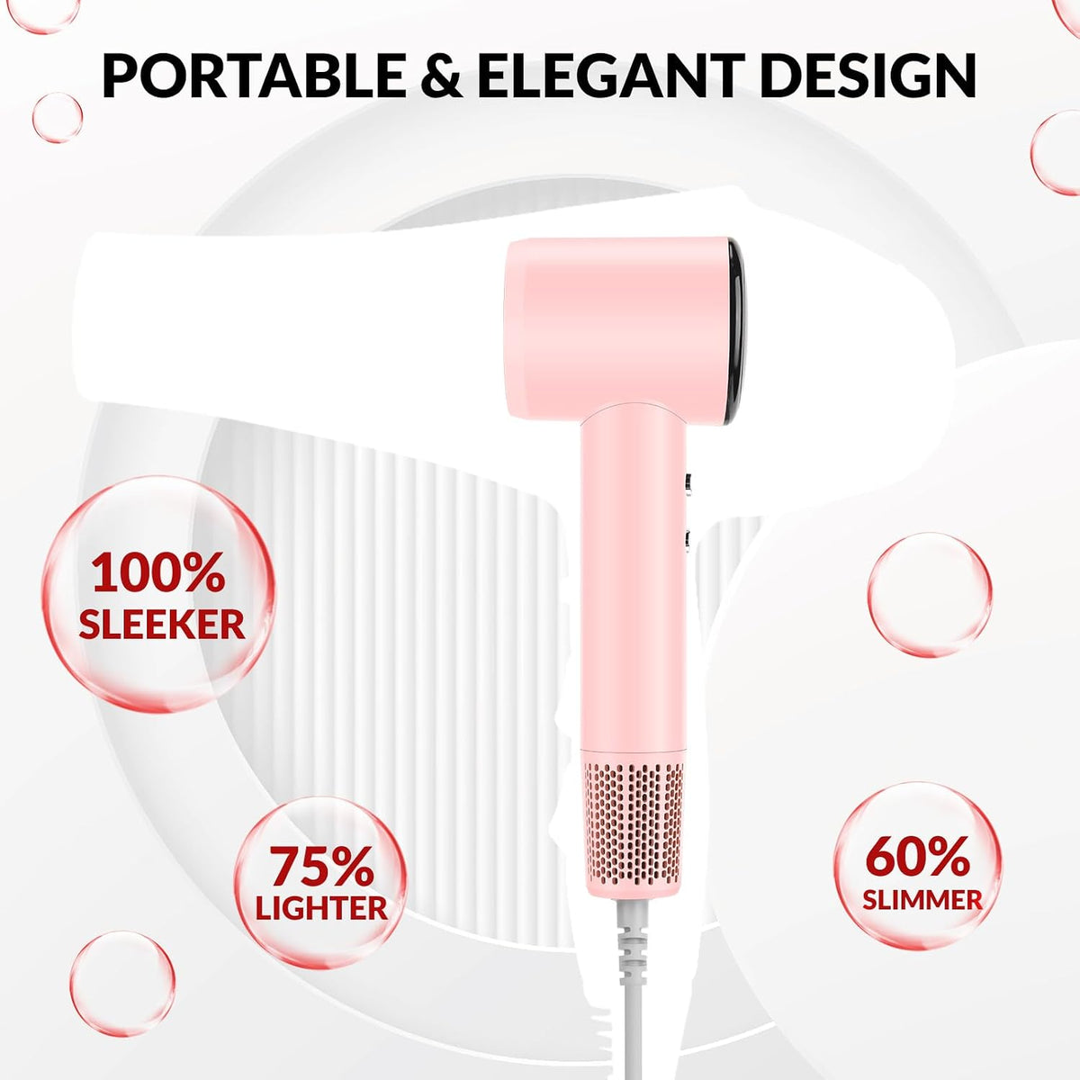 High Speed Ionic Hair Dryer with Diffuser – 160,000 RPM Brushless Motor for Fast Drying, Lightweight Travel Blow Dryer with Concentrator Nozzle for Women Men, Pink