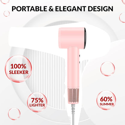 High Speed Ionic Hair Dryer with Diffuser – 160,000 RPM Brushless Motor for Fast Drying, Lightweight Travel Blow Dryer with Concentrator Nozzle for Women Men, Pink