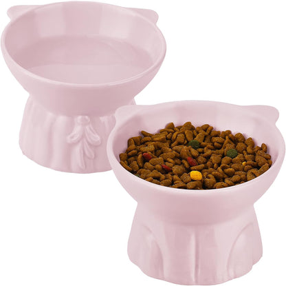 Elevated Cat Bowls 2-Pack, Ceramic Raised Cat Food & Water Dishes - Extra Wide & Shallow Whisker-Friendly Design, Anti-Vomit & Easy Digestion, Lead/Cadmium-Free, Microwave & Dishwasher Safe (Pink)