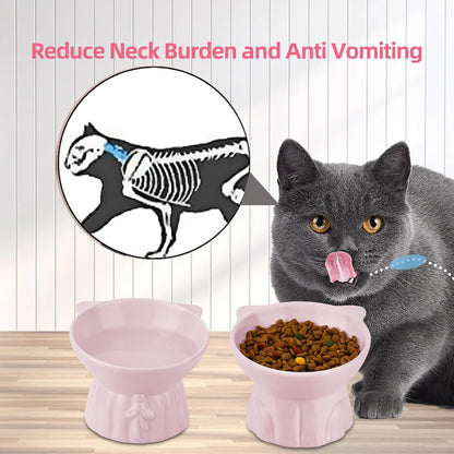 Elevated Cat Bowls 2-Pack, Ceramic Raised Cat Food & Water Dishes - Extra Wide & Shallow Whisker-Friendly Design, Anti-Vomit & Easy Digestion, Lead/Cadmium-Free, Microwave & Dishwasher Safe (Pink)