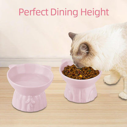 Elevated Cat Bowls 2-Pack, Ceramic Raised Cat Food & Water Dishes - Extra Wide & Shallow Whisker-Friendly Design, Anti-Vomit & Easy Digestion, Lead/Cadmium-Free, Microwave & Dishwasher Safe (Pink)