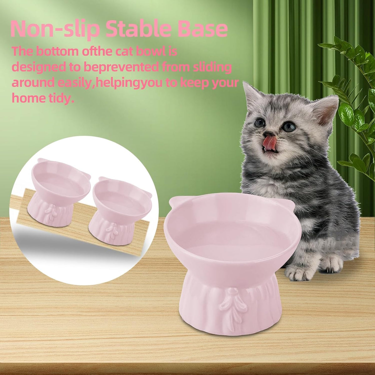 Elevated Cat Bowls 2-Pack, Ceramic Raised Cat Food & Water Dishes - Extra Wide & Shallow Whisker-Friendly Design, Anti-Vomit & Easy Digestion, Lead/Cadmium-Free, Microwave & Dishwasher Safe (Pink)