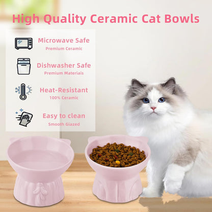 Elevated Cat Bowls 2-Pack, Ceramic Raised Cat Food & Water Dishes - Extra Wide & Shallow Whisker-Friendly Design, Anti-Vomit & Easy Digestion, Lead/Cadmium-Free, Microwave & Dishwasher Safe (Pink)