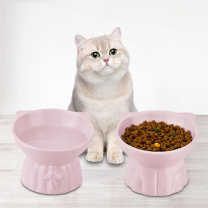 Elevated Cat Bowls 2-Pack, Ceramic Raised Cat Food & Water Dishes - Extra Wide & Shallow Whisker-Friendly Design, Anti-Vomit & Easy Digestion, Lead/Cadmium-Free, Microwave & Dishwasher Safe (Pink)