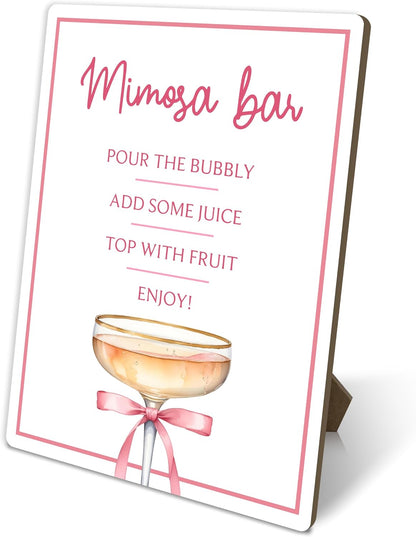 Mimosa Bar Sign, Pink Party Signs, Bar Sign For Wedding Reception Event Party, Bridal Shower Decorations, Wedding Party Decor, 8x11 Inches Tabletop Decor, Wood Sign With Stand, b06