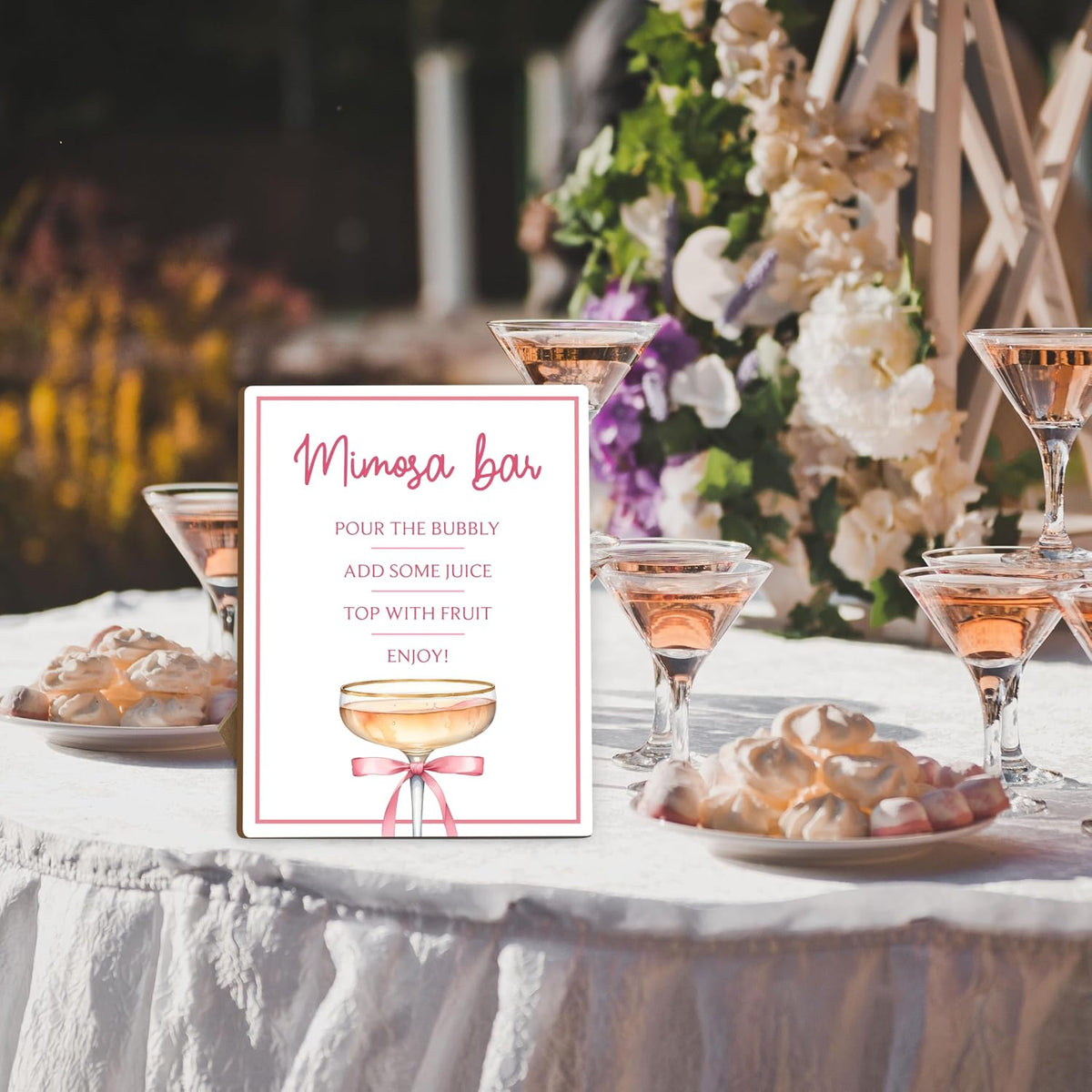 Mimosa Bar Sign, Pink Party Signs, Bar Sign For Wedding Reception Event Party, Bridal Shower Decorations, Wedding Party Decor, 8x11 Inches Tabletop Decor, Wood Sign With Stand, b06